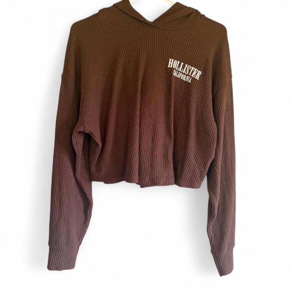Hollister California Brown Ribbed Cropped Hoodie Sweatshirt Y2K Size S